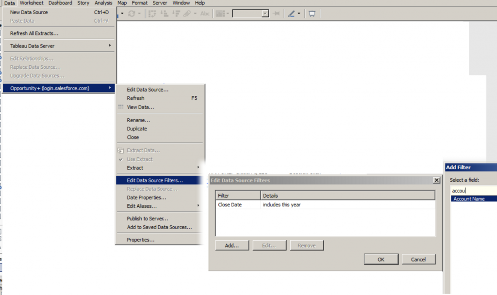 Edit data source filters - SalesForce and Tableau Software - You can then Edit Data source filters, but only after creating the extract.