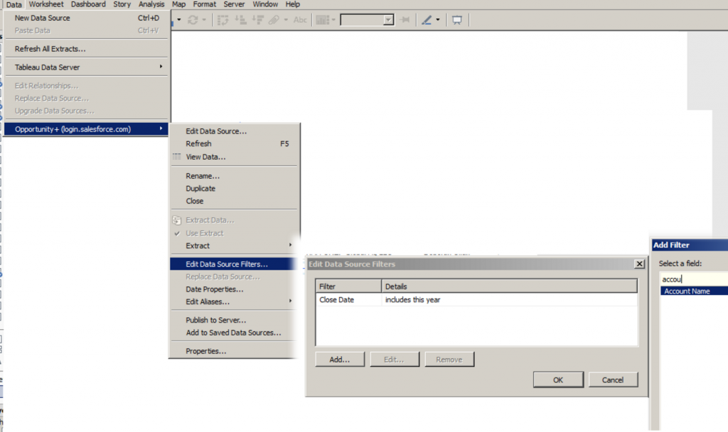 Edit data source filters  - SalesForce and Tableau Software - You can then Edit Data source filters, but only  after creating the extract.