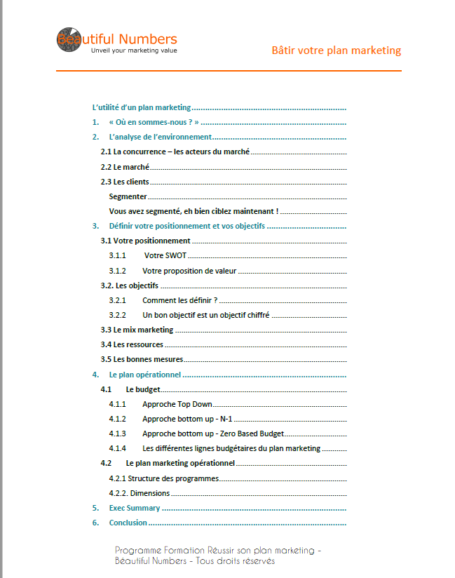 Programme détaillé formation Plan Marketing Beautiful Numbers